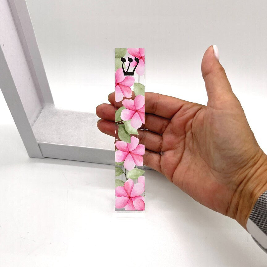 Mezuzah - Pink Watercolor Flowers Mezuzah - with or without name