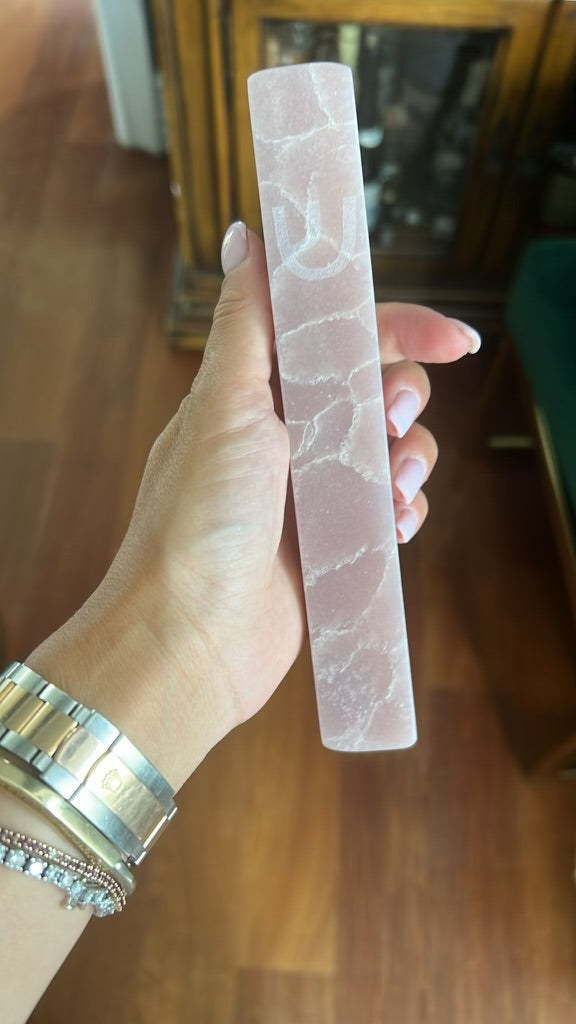 Pink Quartz Mezuzah | Engraved Shin