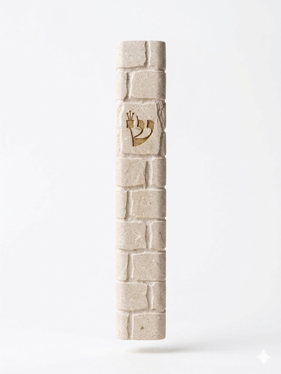 Jerusalem Stone Mezuzah – Beige Rounded Gold Shin