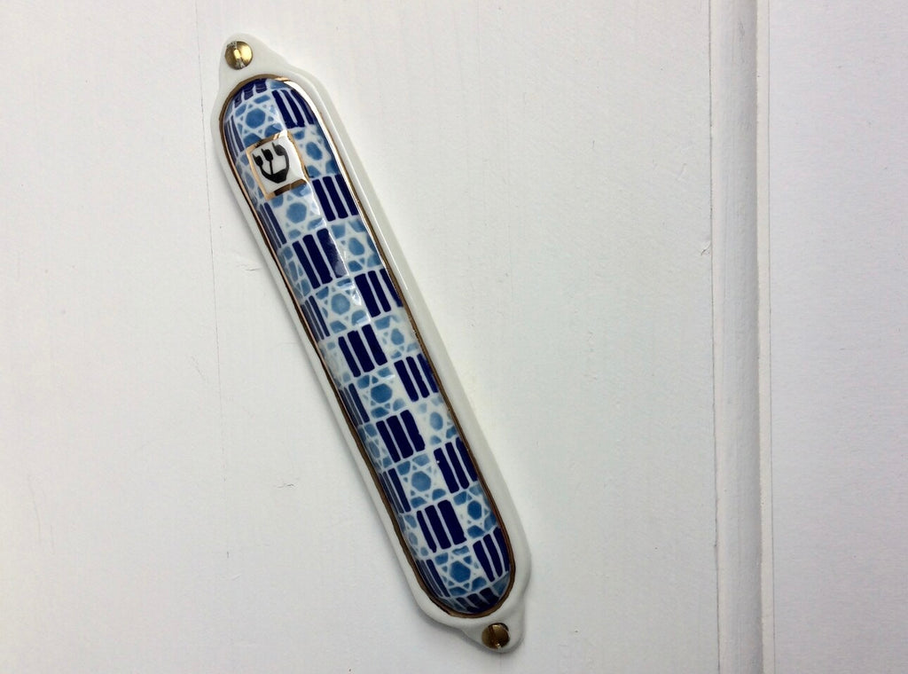 Blues Jewish Star Porcelain Mezuzah