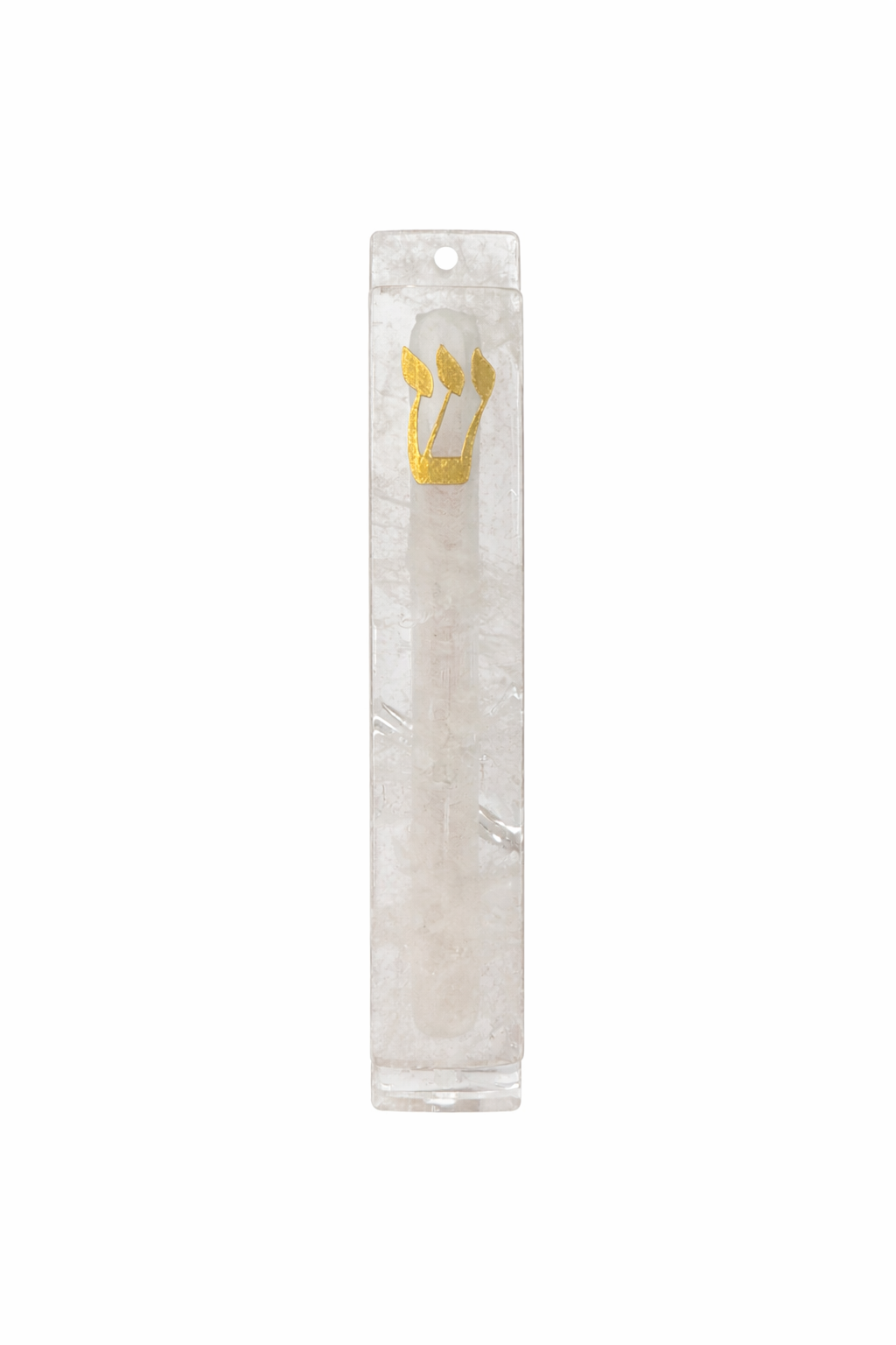 Carved Clear Quartz Mezuzah | Gold Shin