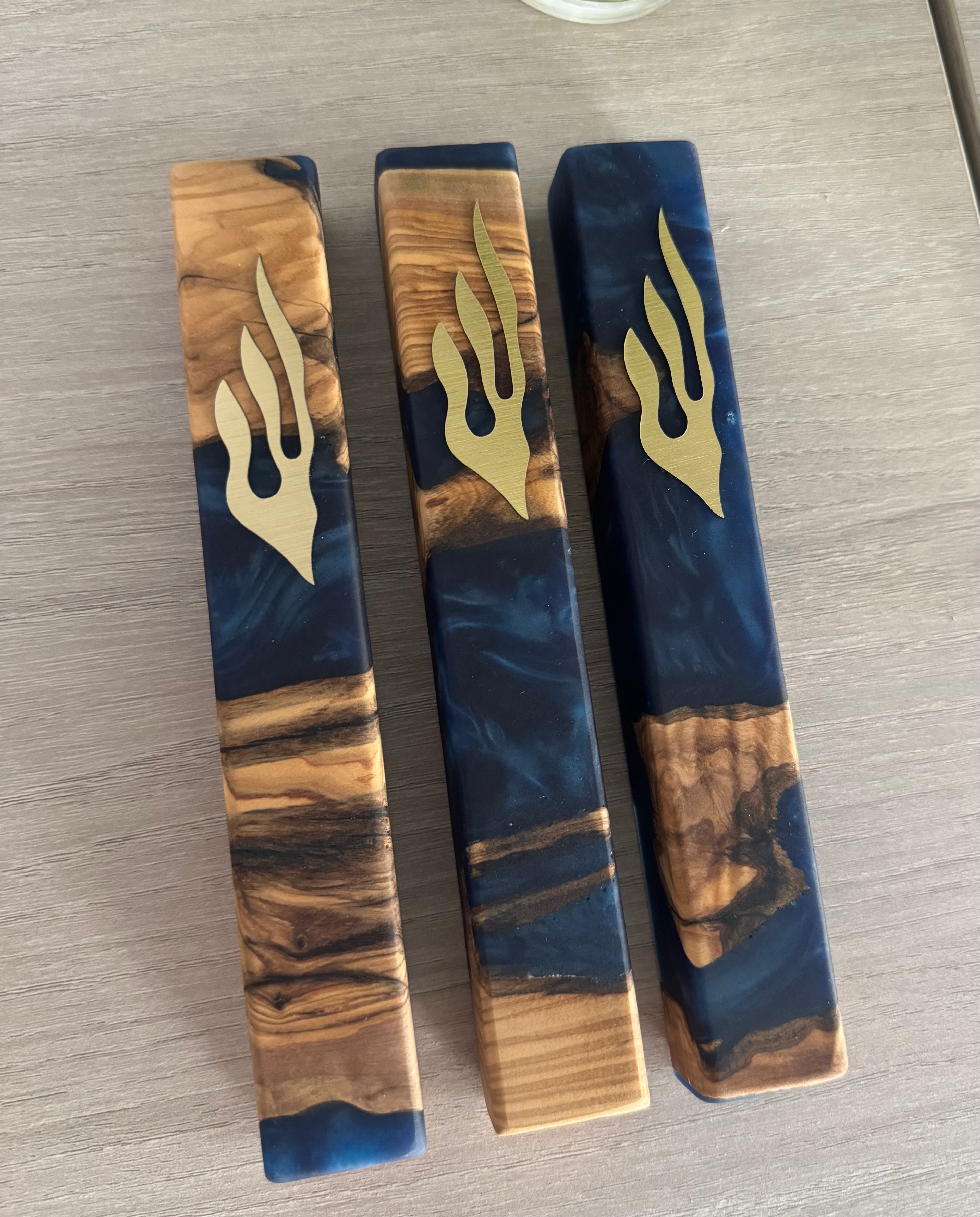 Blue Resin and Olive Wood Gold Shin Modern Mezuzah
