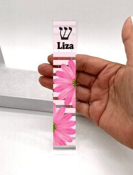 Pink Daisy Mezuzah - Personalized Flower and Stripes Mezuzah