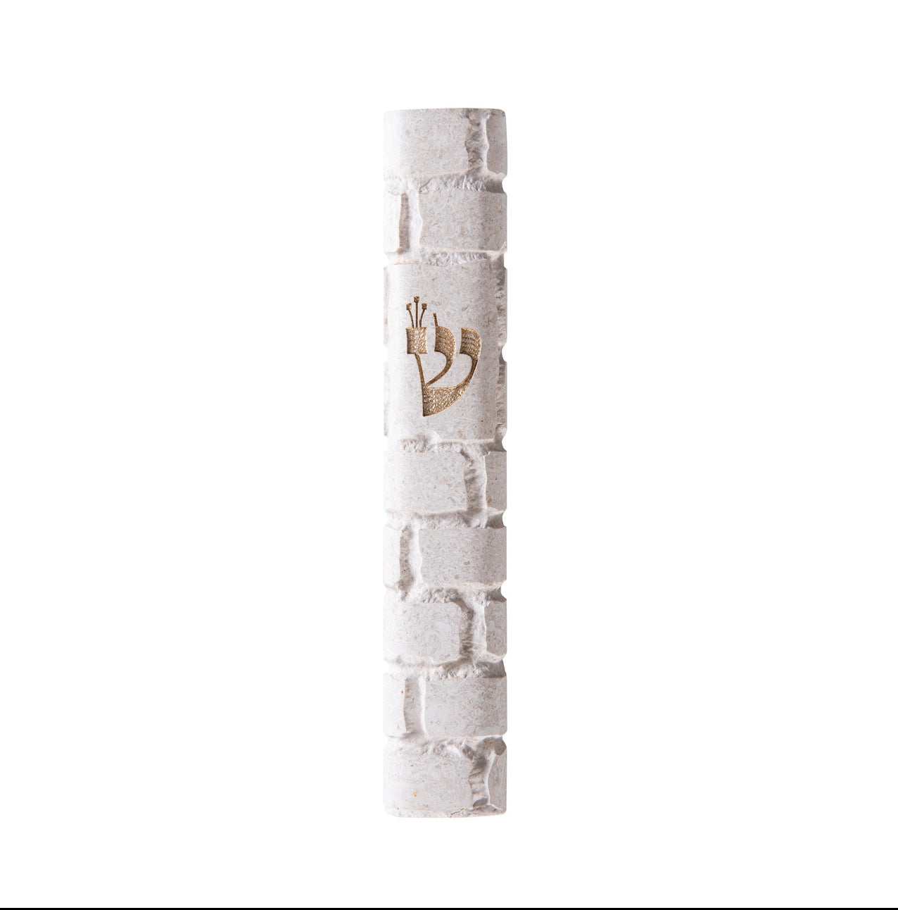 Jerusalem Stone Mezuzah – White Rounded Gold Shin