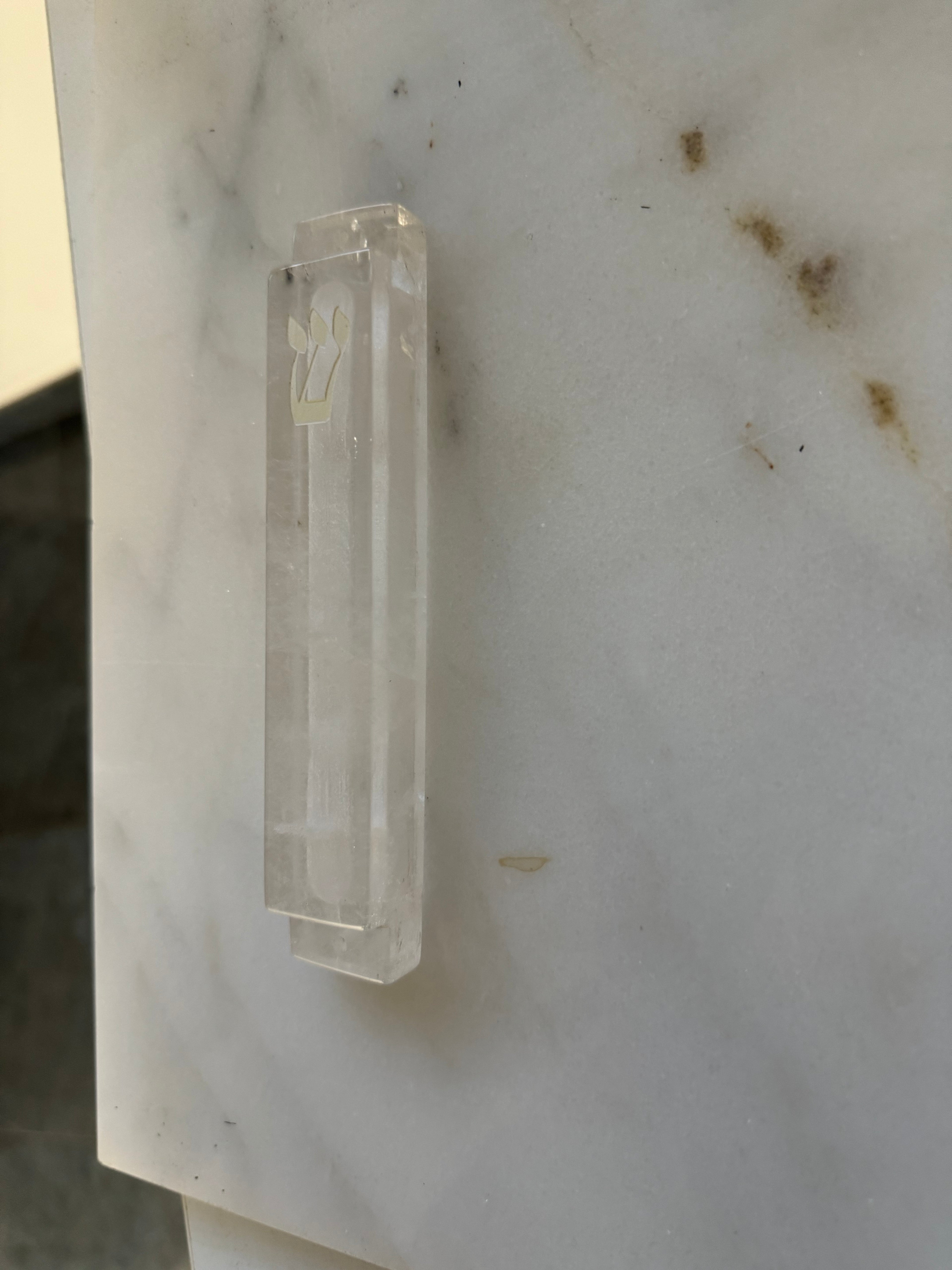 Carved Clear Quartz Mezuzah | White Resin Shin