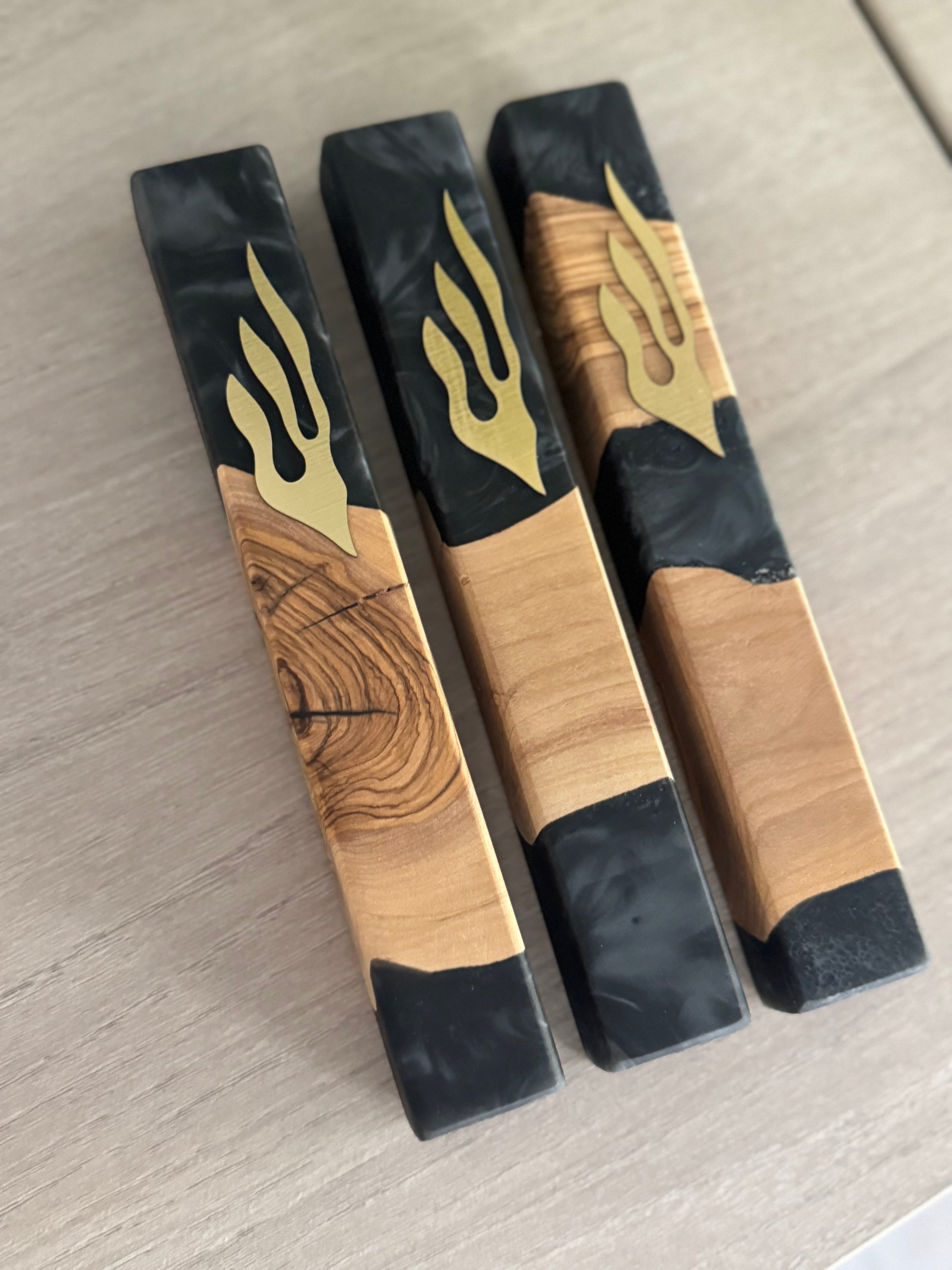 Gray Resin and Olive Wood Gold Shin Modern Mezuzah