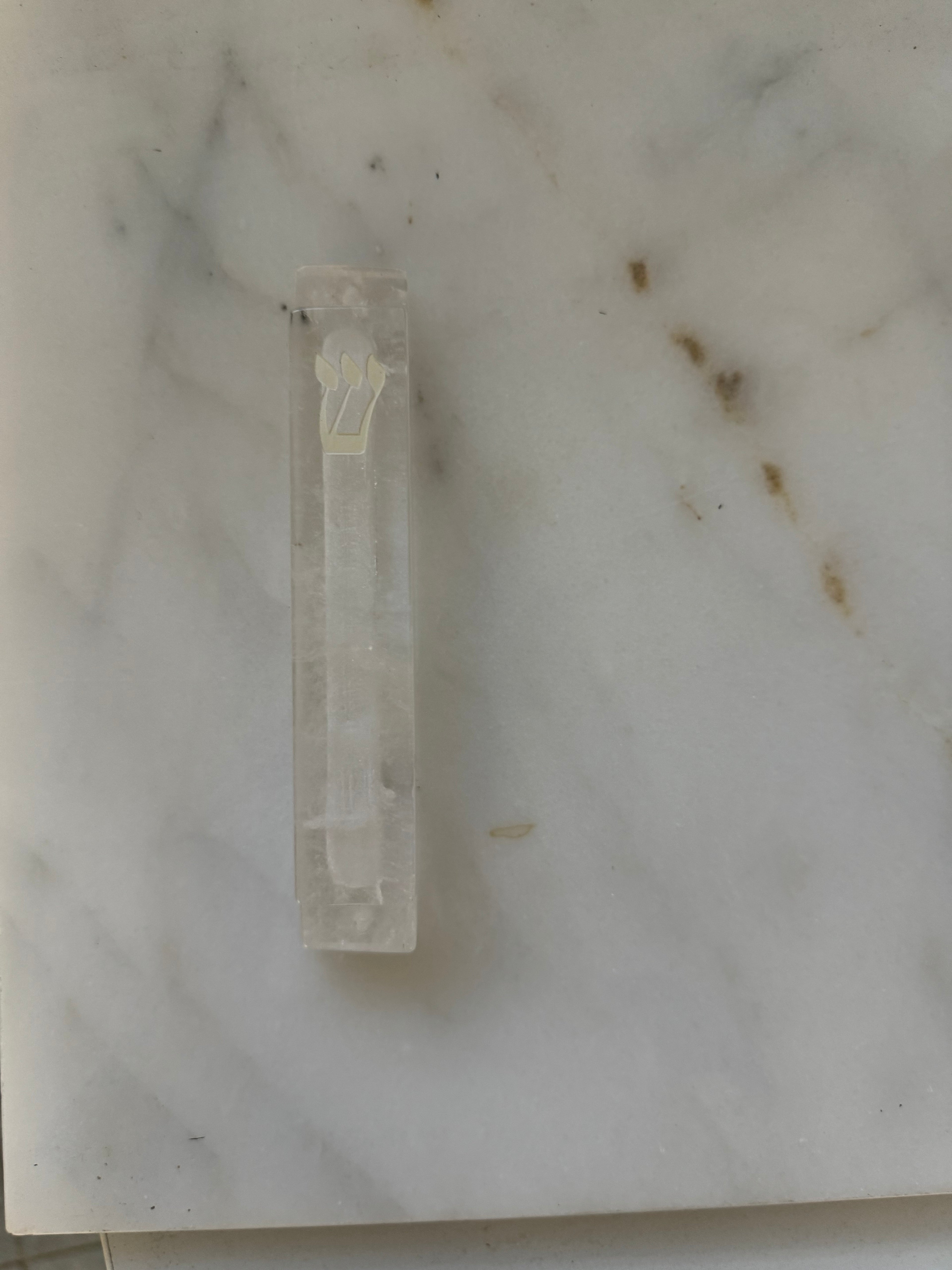 Carved Clear Quartz Mezuzah | White Resin Shin