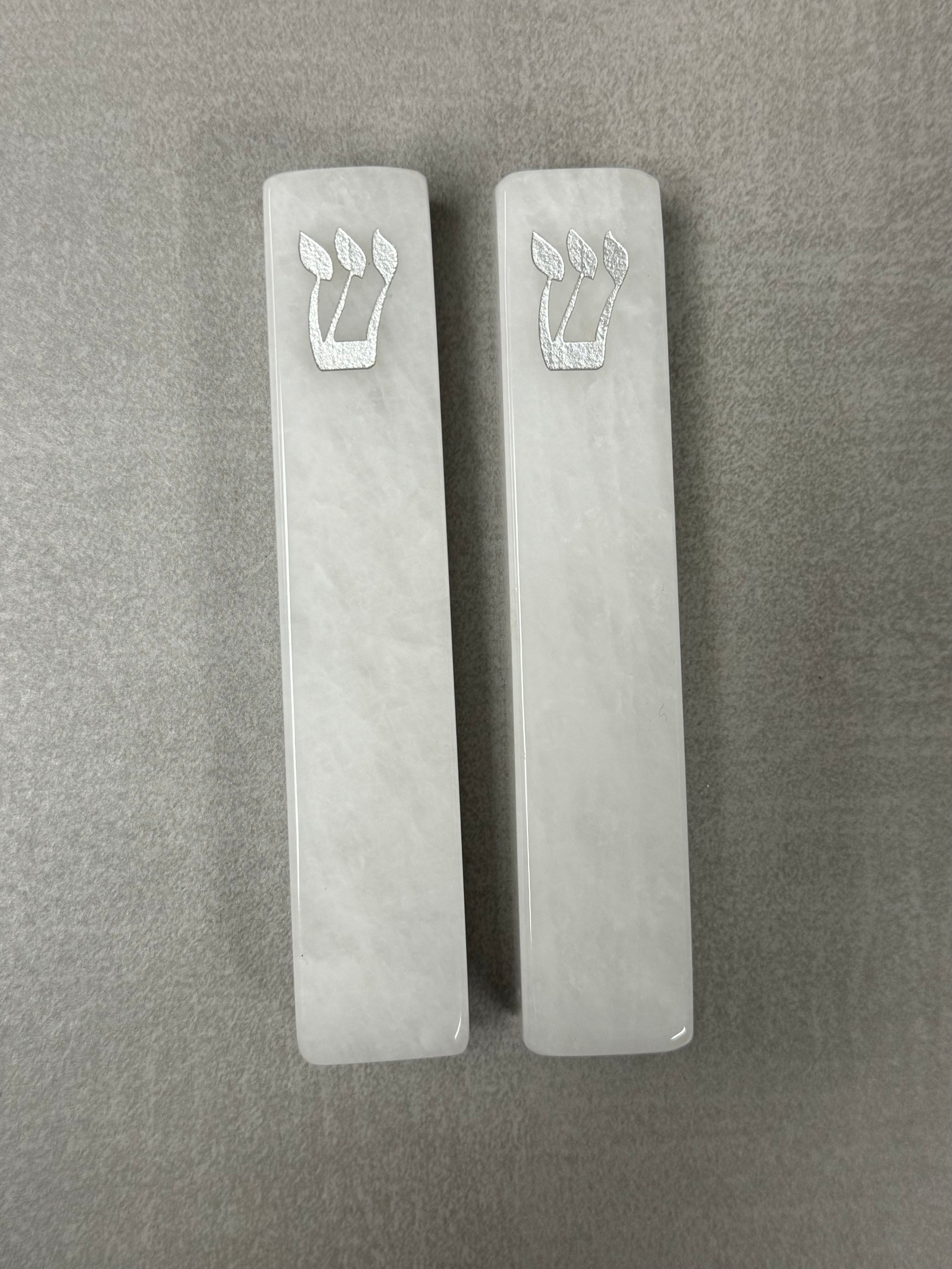 Carved White Jade Stone Mezuzah Large, whole stone I Silver Shin