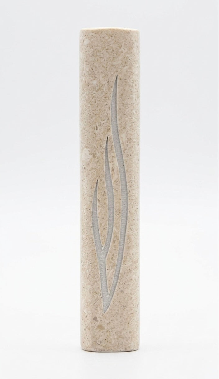 Jerusalem Stone Mezuzah – Beige Engraved Stone Built Fire Shin