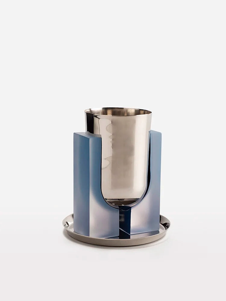 Clear Blue Resin & Brass Kiddush Cup & Saucer