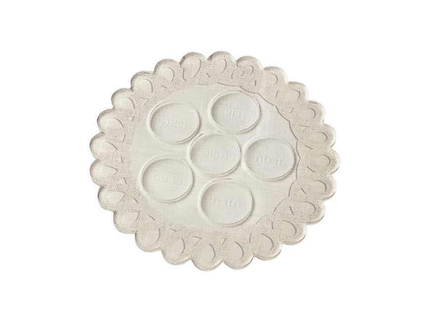 Linen style Seder plate with scalloped edge