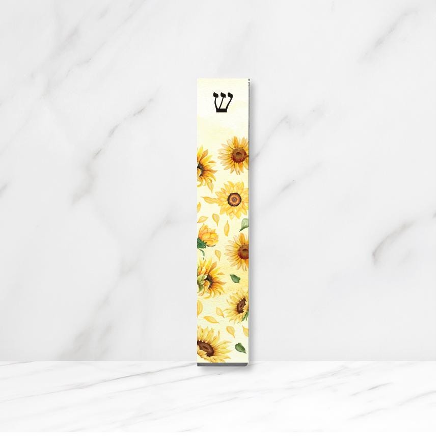 Sunflower Mezuzah with light pink background - Acrylic Mezuzah - With or without Name