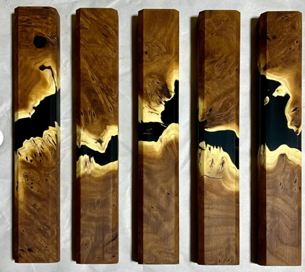 Handmade Modern Wood Mezuzah Case - Russian Olive Burl with Black Resin - Fits Tall Klaf/Scroll up to size 12 cm (5 inches)