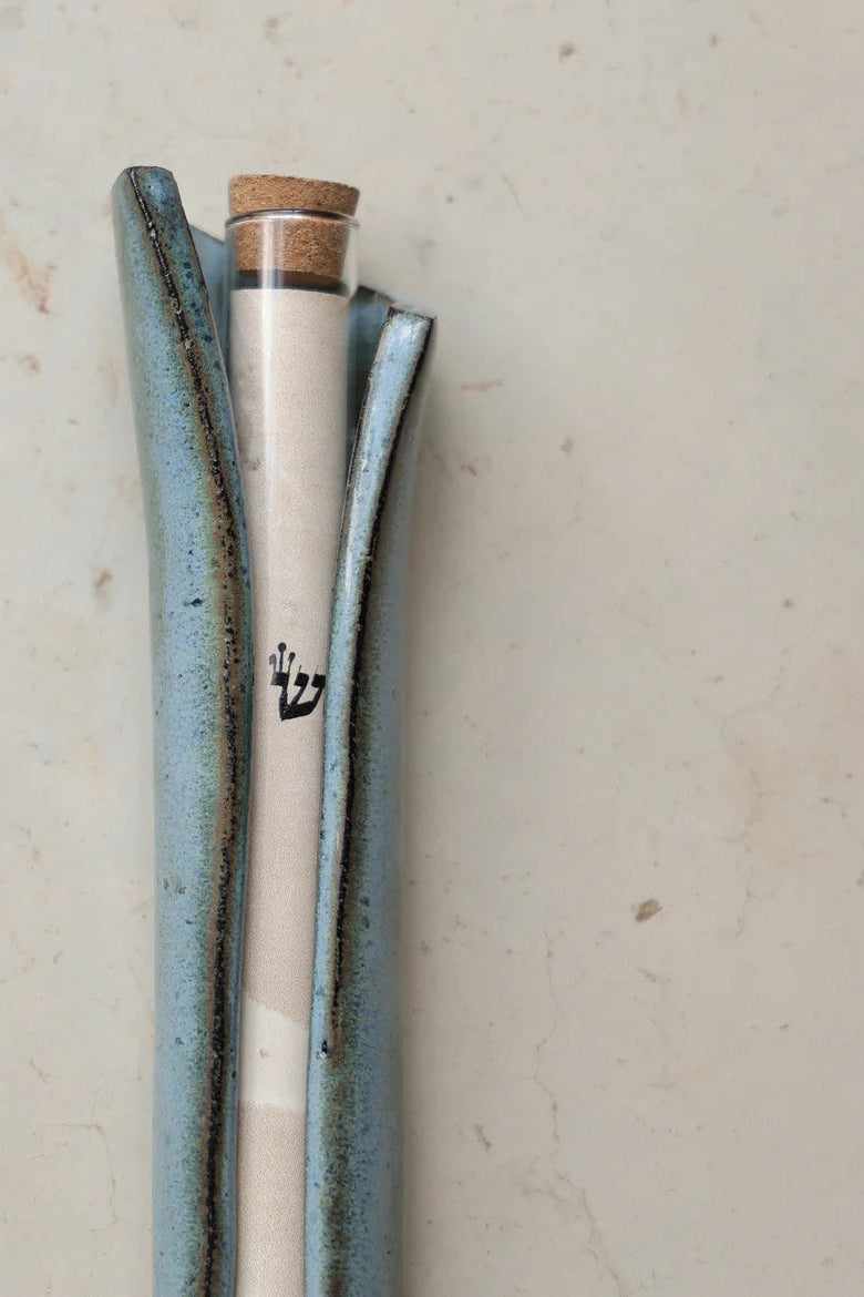 Ceramic Blue Mezuzah case with glass tube