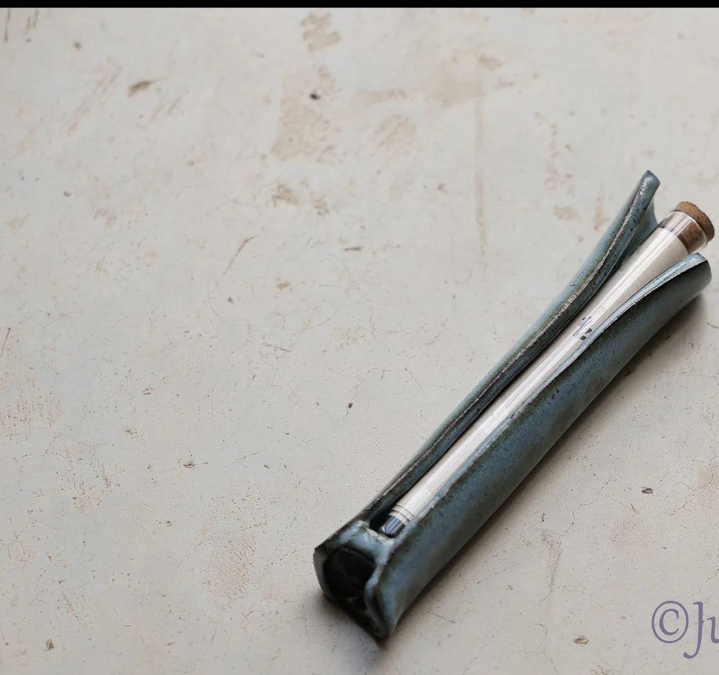 Ceramic Blue Mezuzah case with glass tube