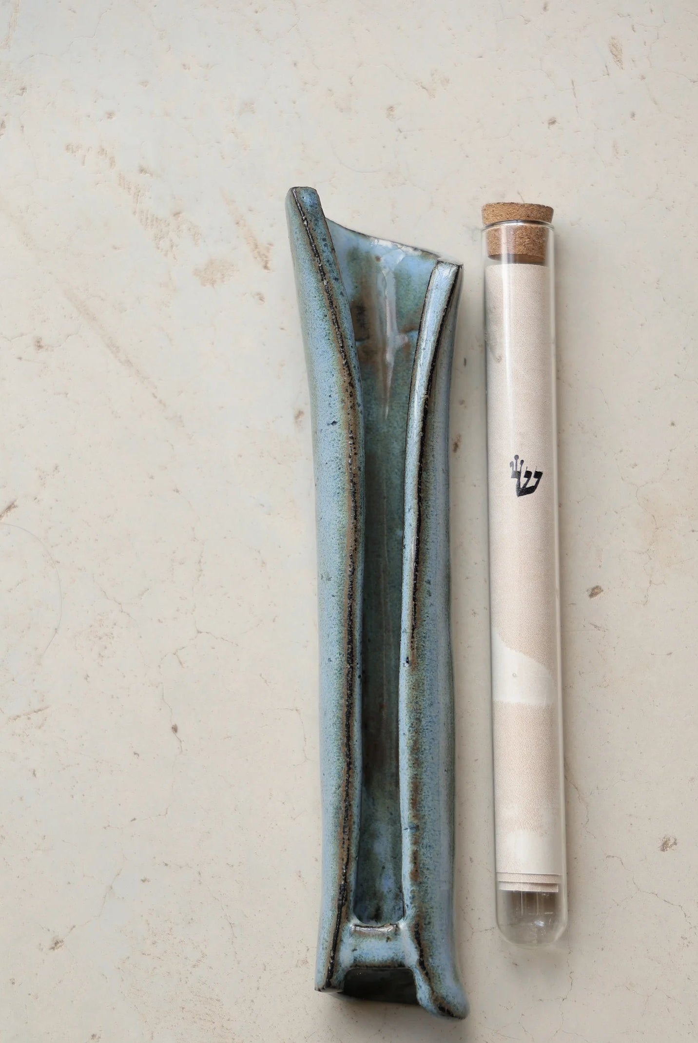 Ceramic Blue Mezuzah case with glass tube