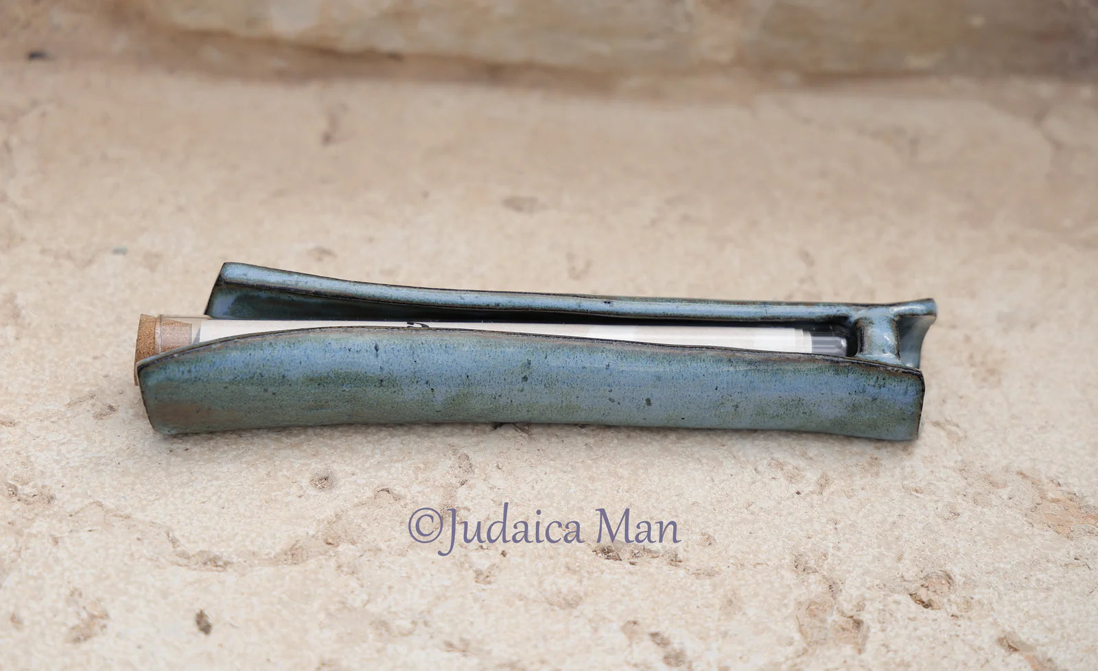 Ceramic Blue Mezuzah case with glass tube