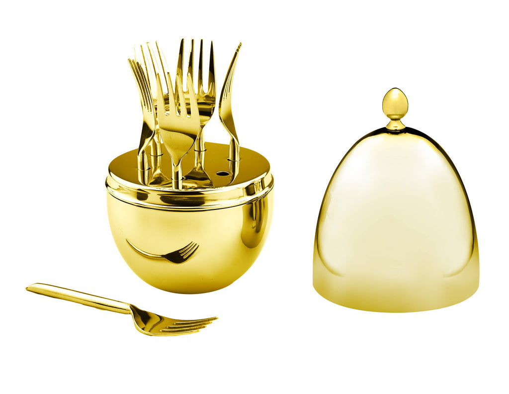 Egg Holder wth Set of 6 Forks Gold