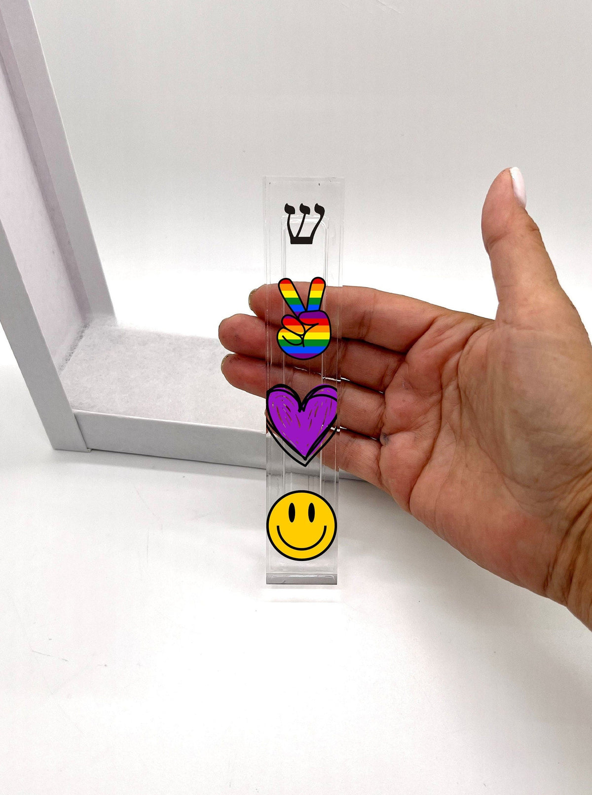 Peace Love Happiness Mezuzah - Personalized Acrylic Mezuzah