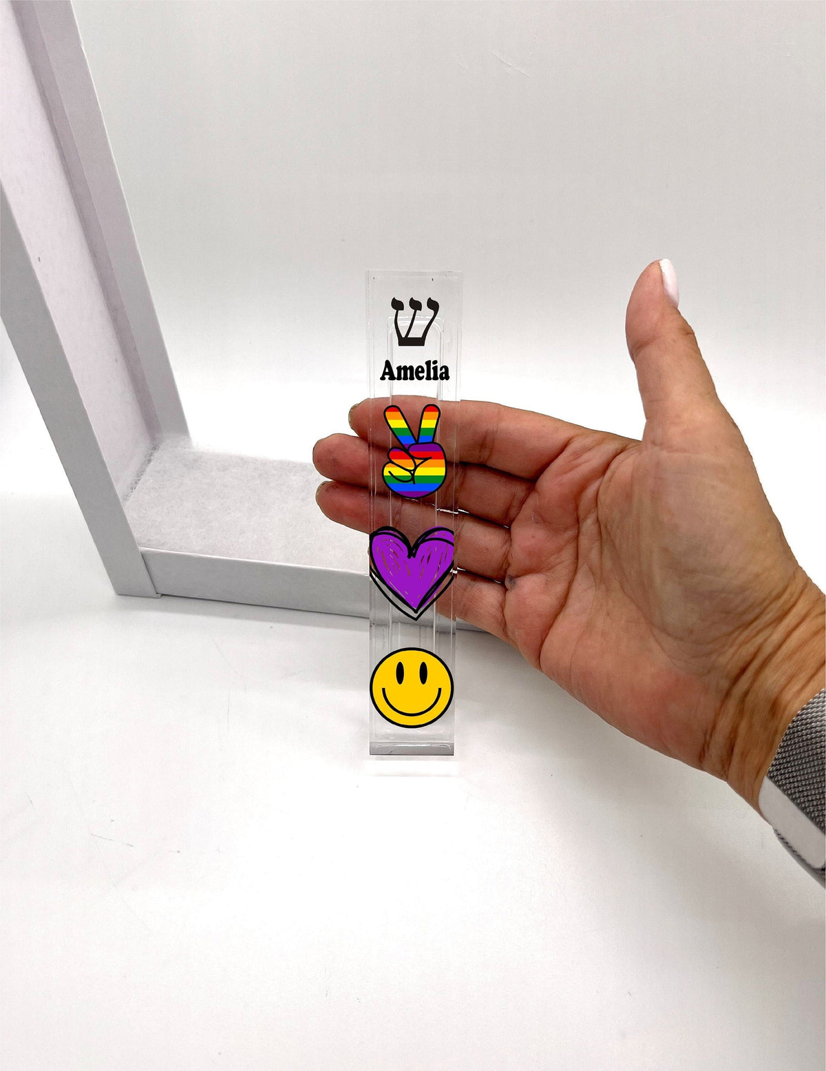 Peace Love Happiness Mezuzah - Personalized Acrylic Mezuzah