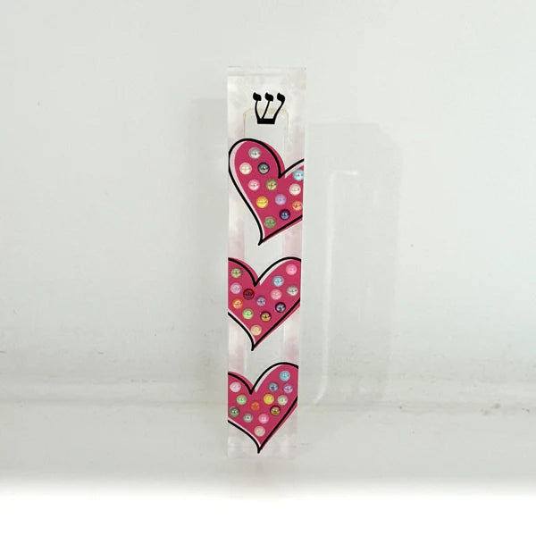Pink Hearts Mezuzah - Embellished Acrylic Mezuzah with colored pearls