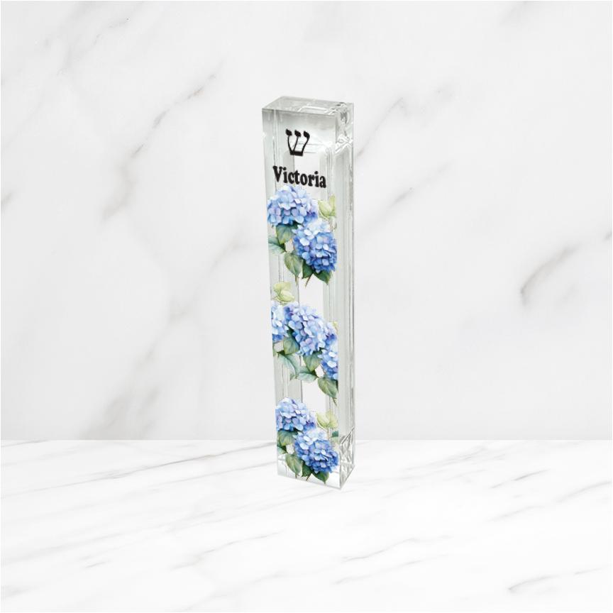 Blue Hydrangea Mezuzah - Personalized Acrylic Mezuzah