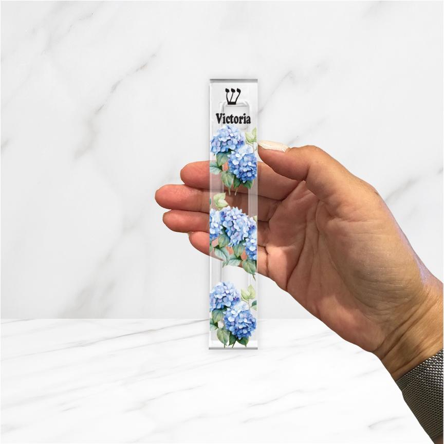 Blue Hydrangea Mezuzah - Personalized Acrylic Mezuzah