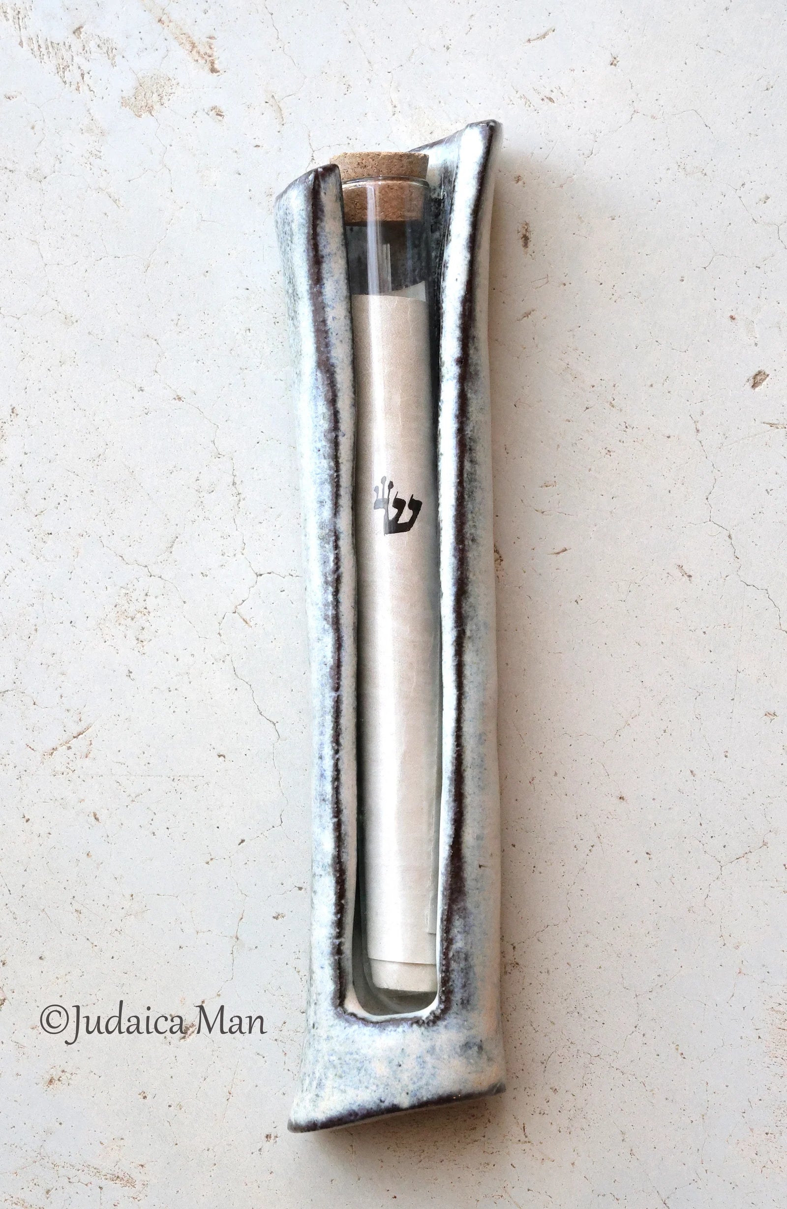 Ceramic mezuzah case with glass tube cream color