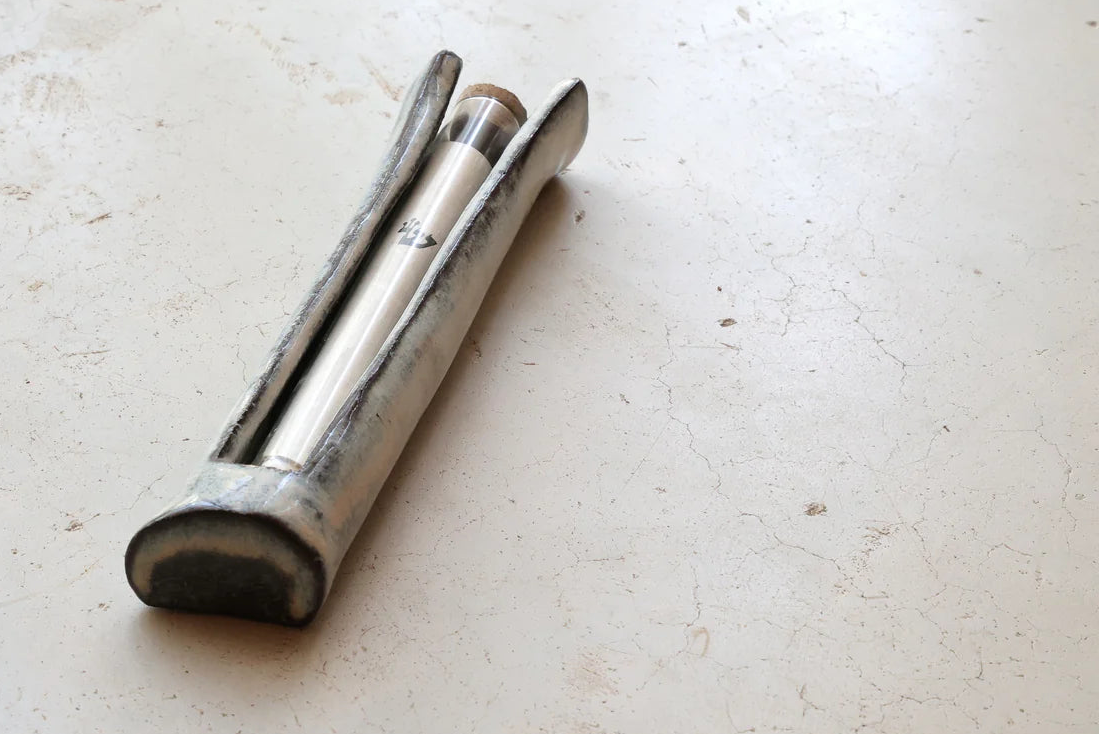 Ceramic mezuzah case with glass tube cream color