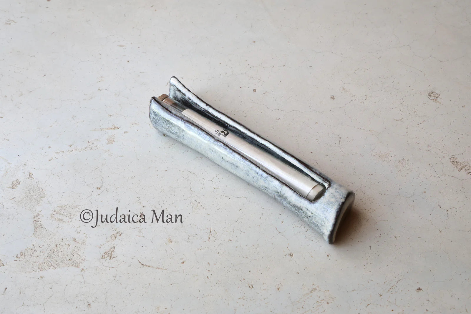 Ceramic mezuzah case with glass tube cream color