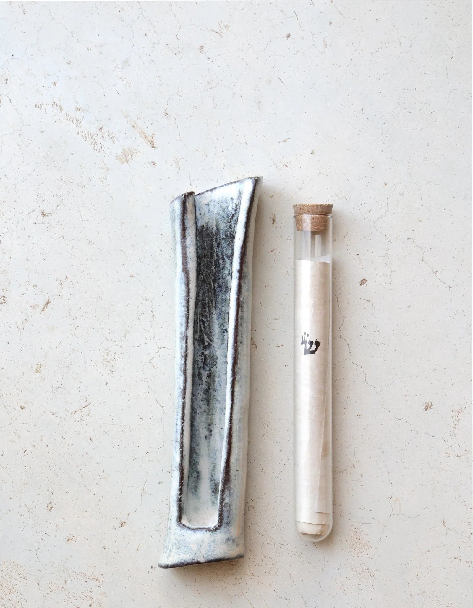 Ceramic mezuzah case with glass tube cream color