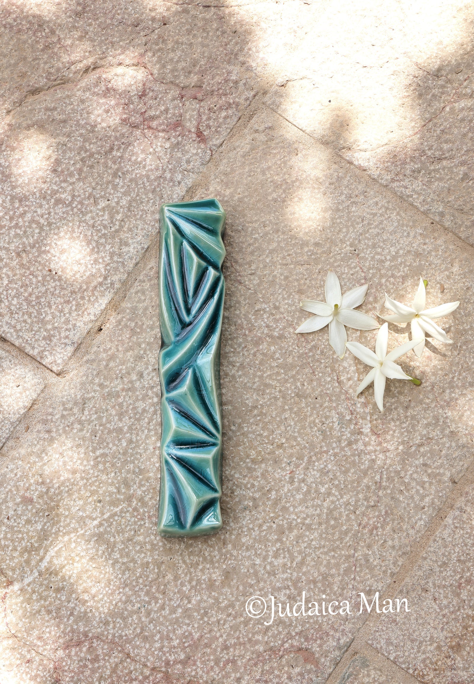 Ceramic mezuzah "Diamond" Blue glass color