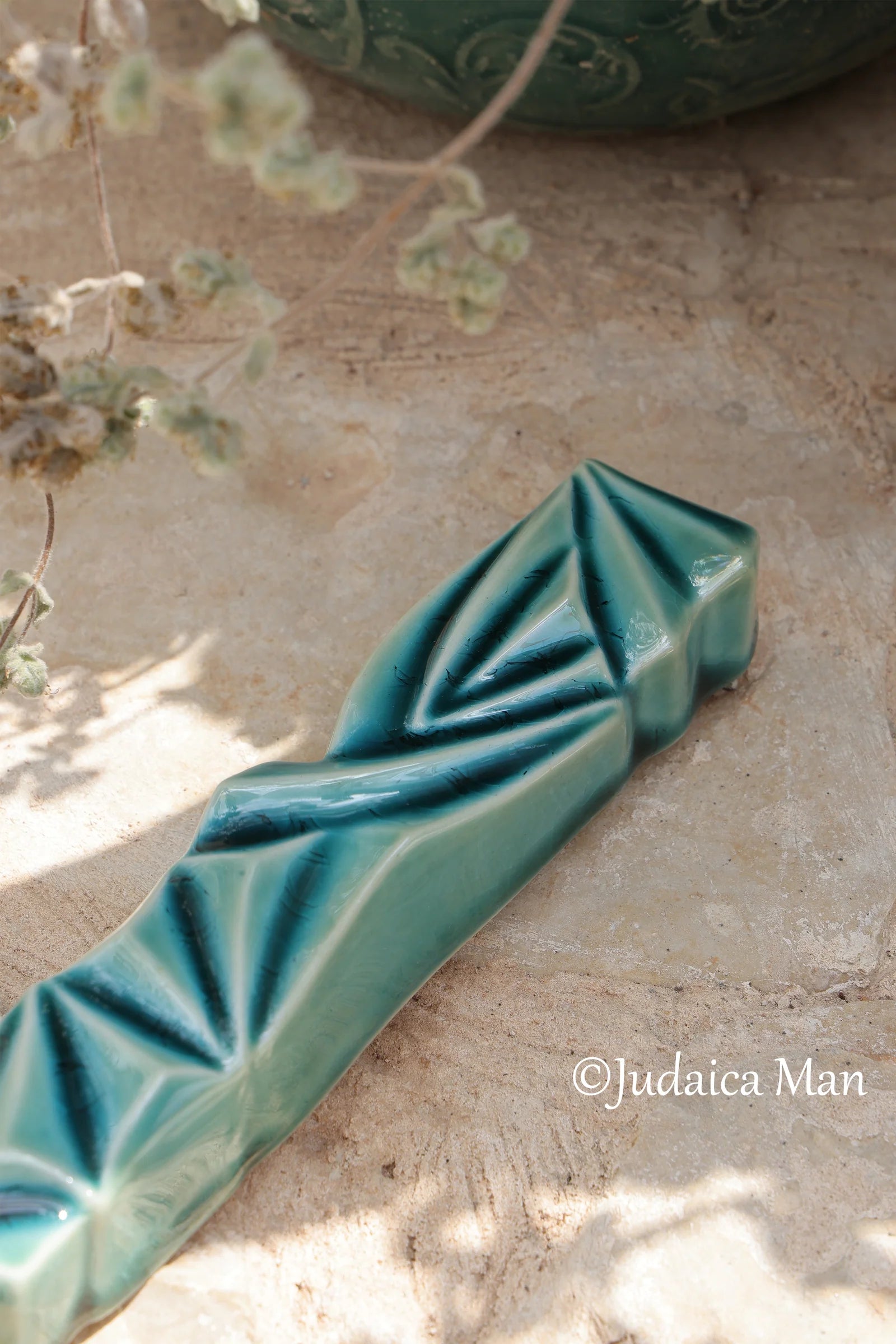 Ceramic mezuzah "Diamond" Blue glass color