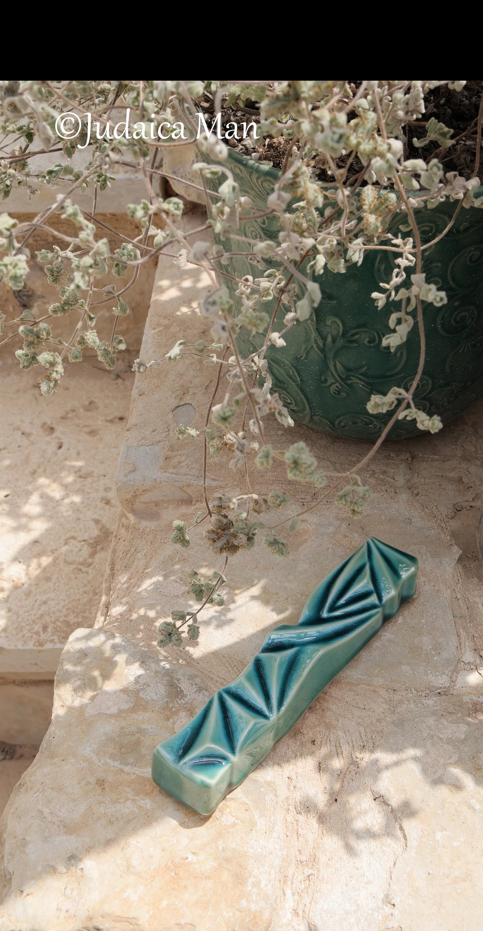 Ceramic mezuzah "Diamond" Blue glass color