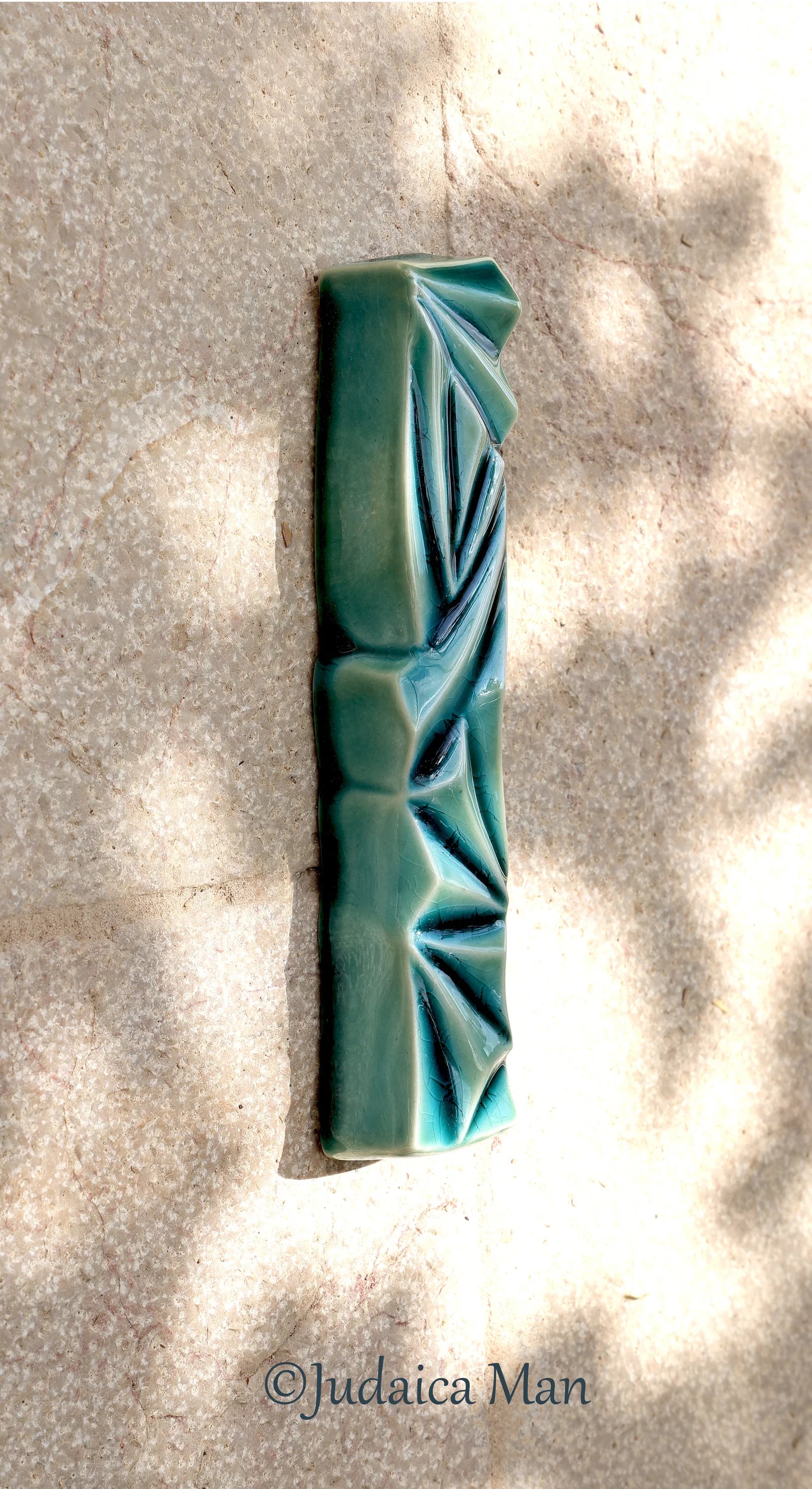Ceramic mezuzah "Diamond" Blue glass color