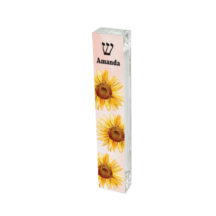 Sunflower Mezuzah with light pink background - Acrylic Mezuzah - With or without Name