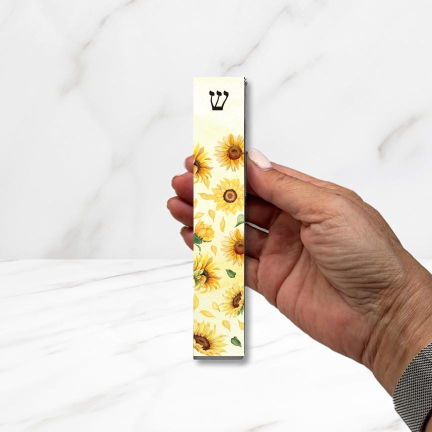 Sunflower Mezuzah with light pink background - Acrylic Mezuzah - With or without Name