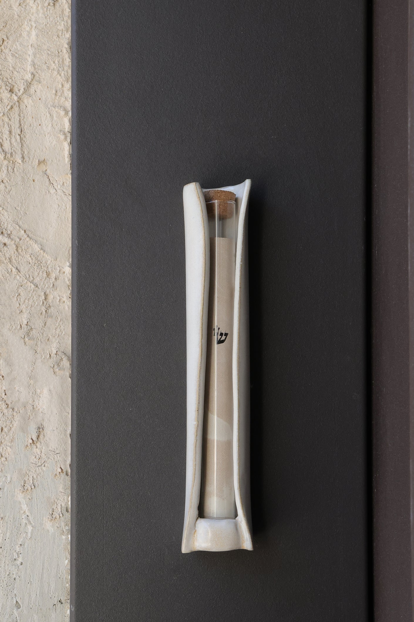 Ceramic mezuzah case with glass tube white color