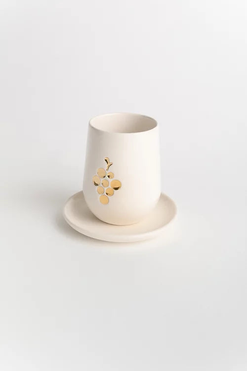 Ceramic Kiddush Cup | Cream White with Gold