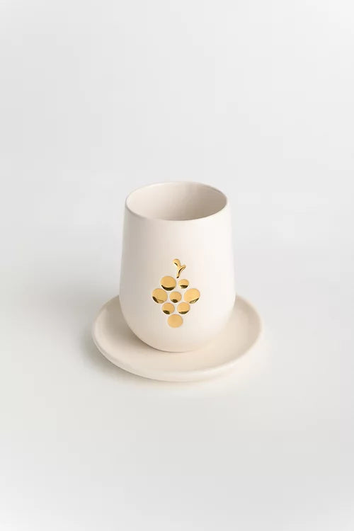 Ceramic Kiddush Cup | Cream White with Gold