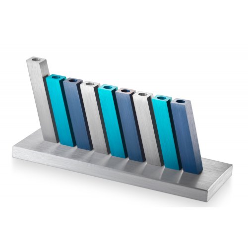 Kinetic Hanukkah Menorah Aluminum - Turquoise, Blue and Silver Rods