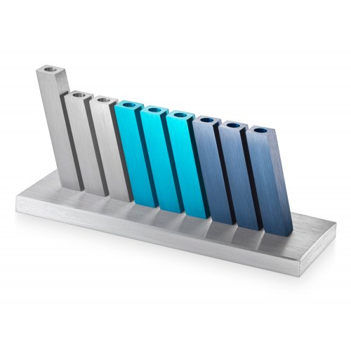 Kinetic Hanukkah Menorah Aluminum - Turquoise, Blue and Silver Rods