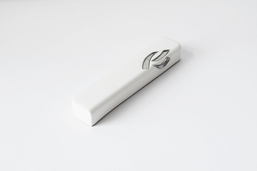 Ceramic Mezuzah White with Silver Shin