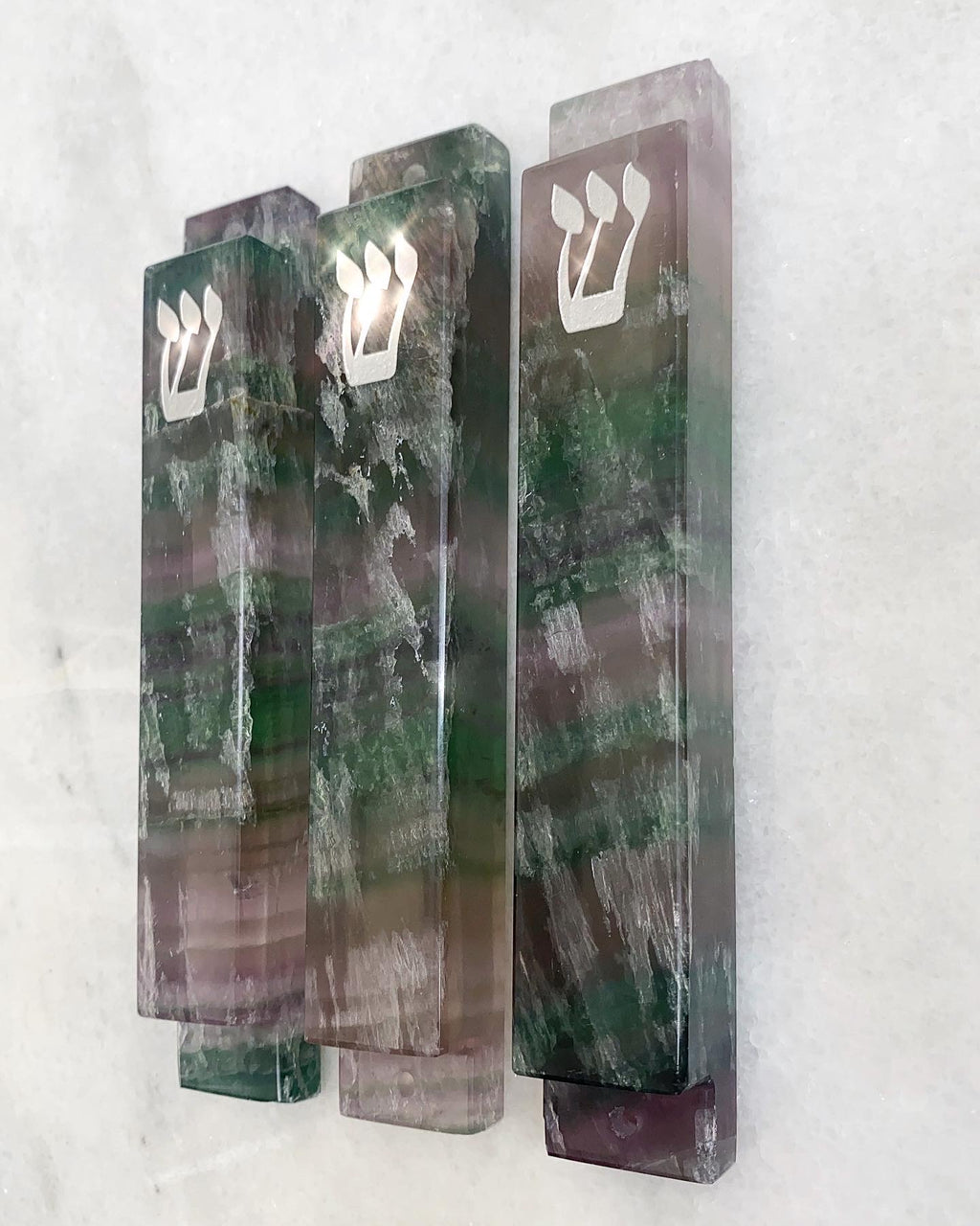 Green and Purple Large Fluorite Stone Mezuzah Silver Shin