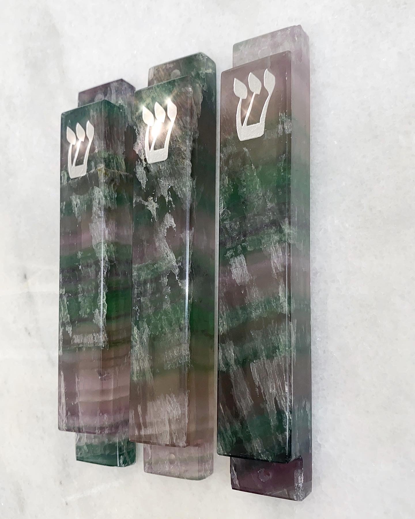 Green and Purple Large Fluorite Stone Mezuzah Silver Shin