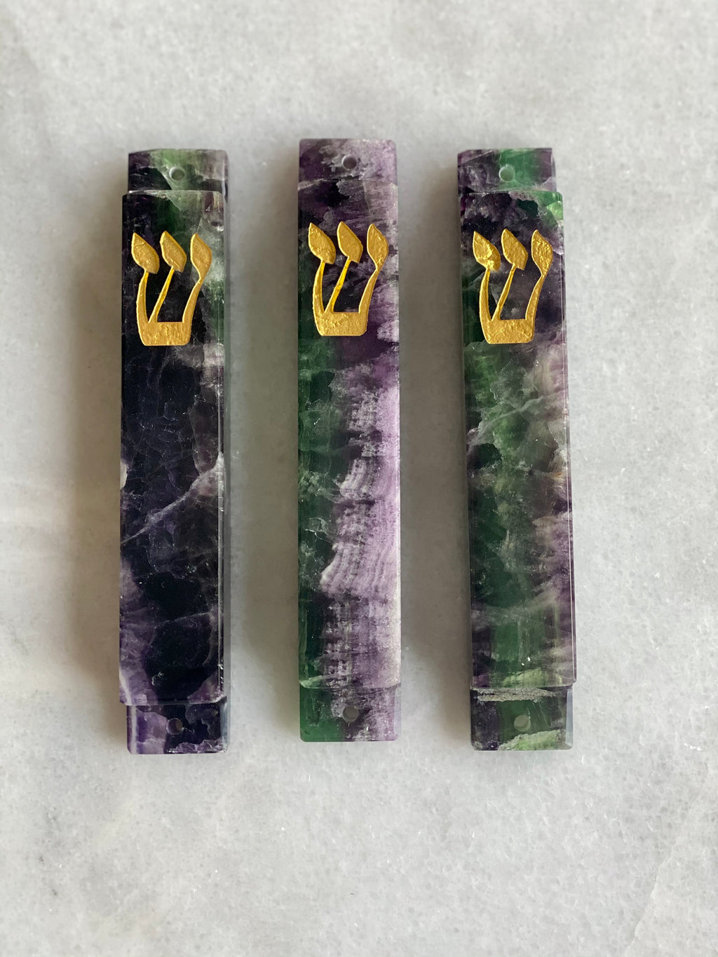 Green & Purple Fluorite Stone Mezuzah Gold Shin | LARGE