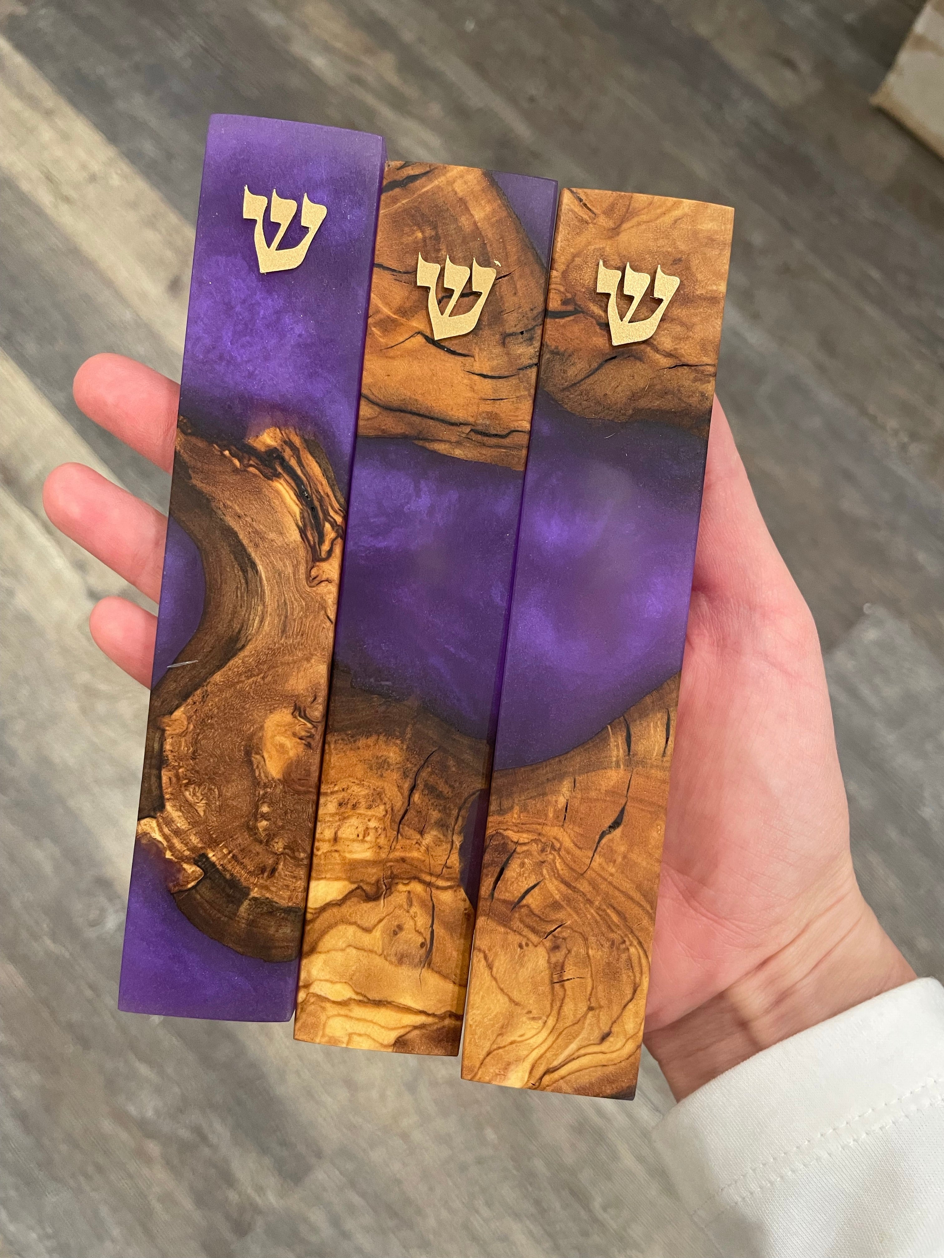 Olive Wood + Purple Mezuzah | Gold Shin