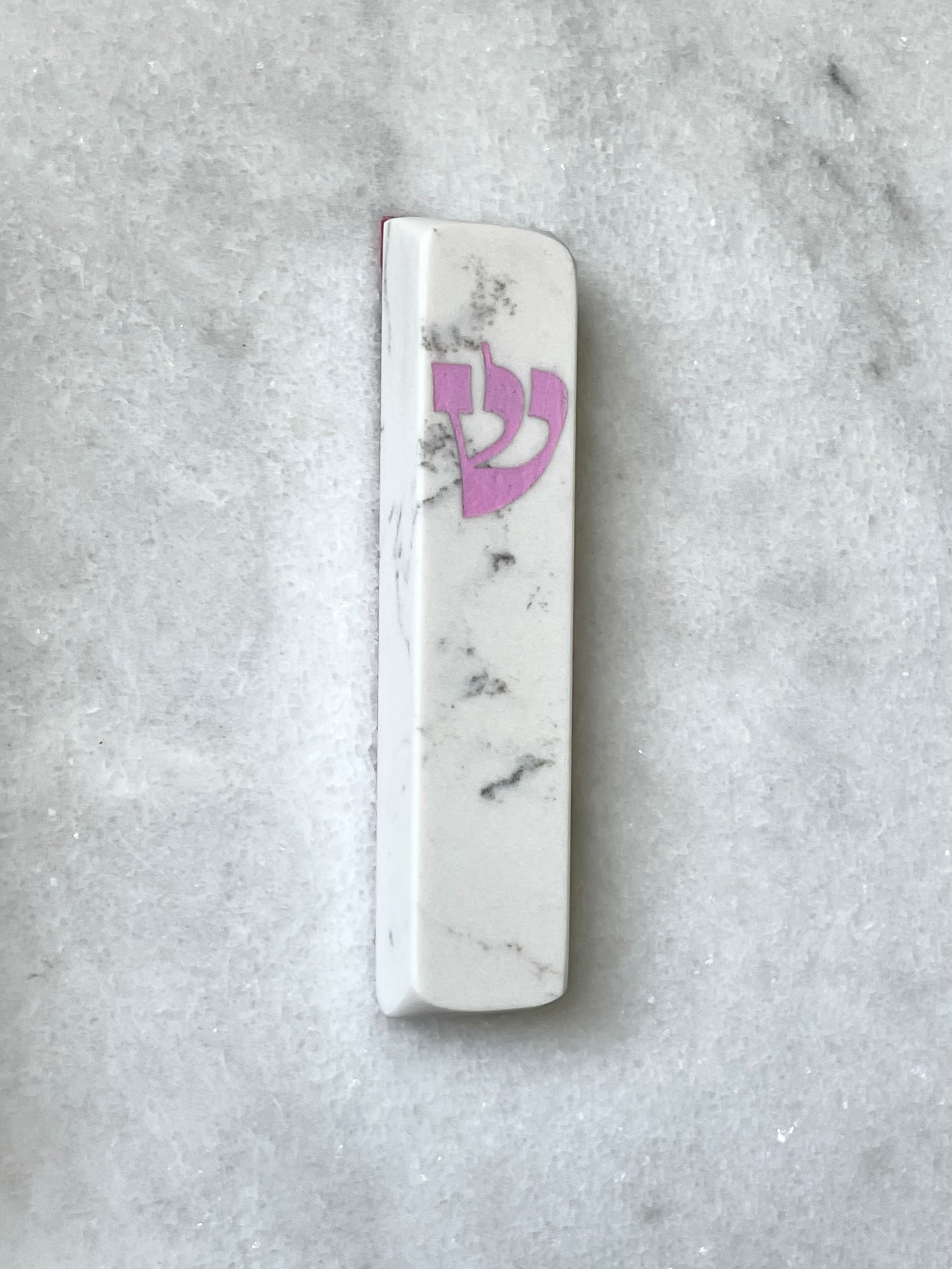 Carrara Mezuzah | Engraved Pink Shin
