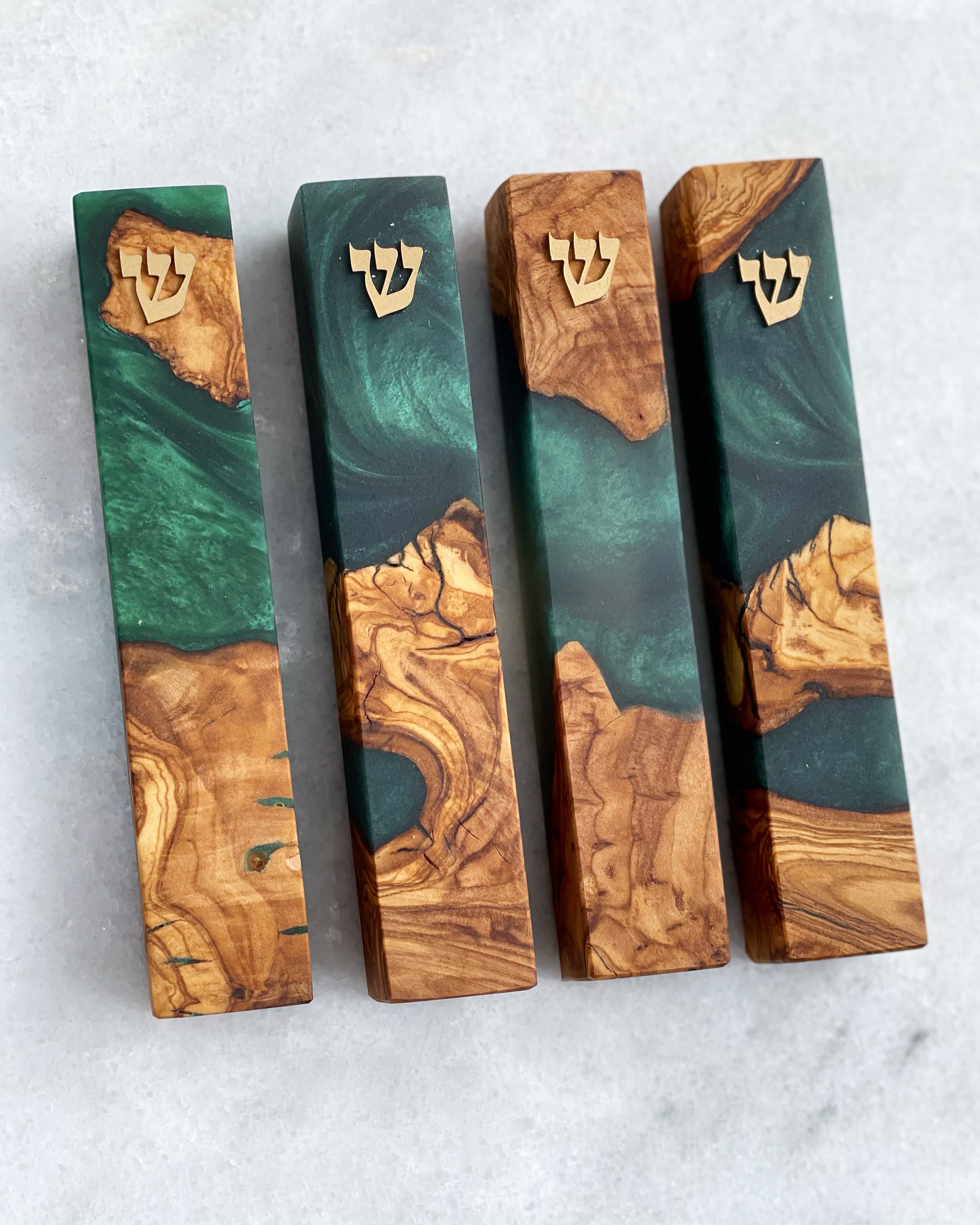 Olive Wood + Hunter Green Mezuzah | Gold Shin