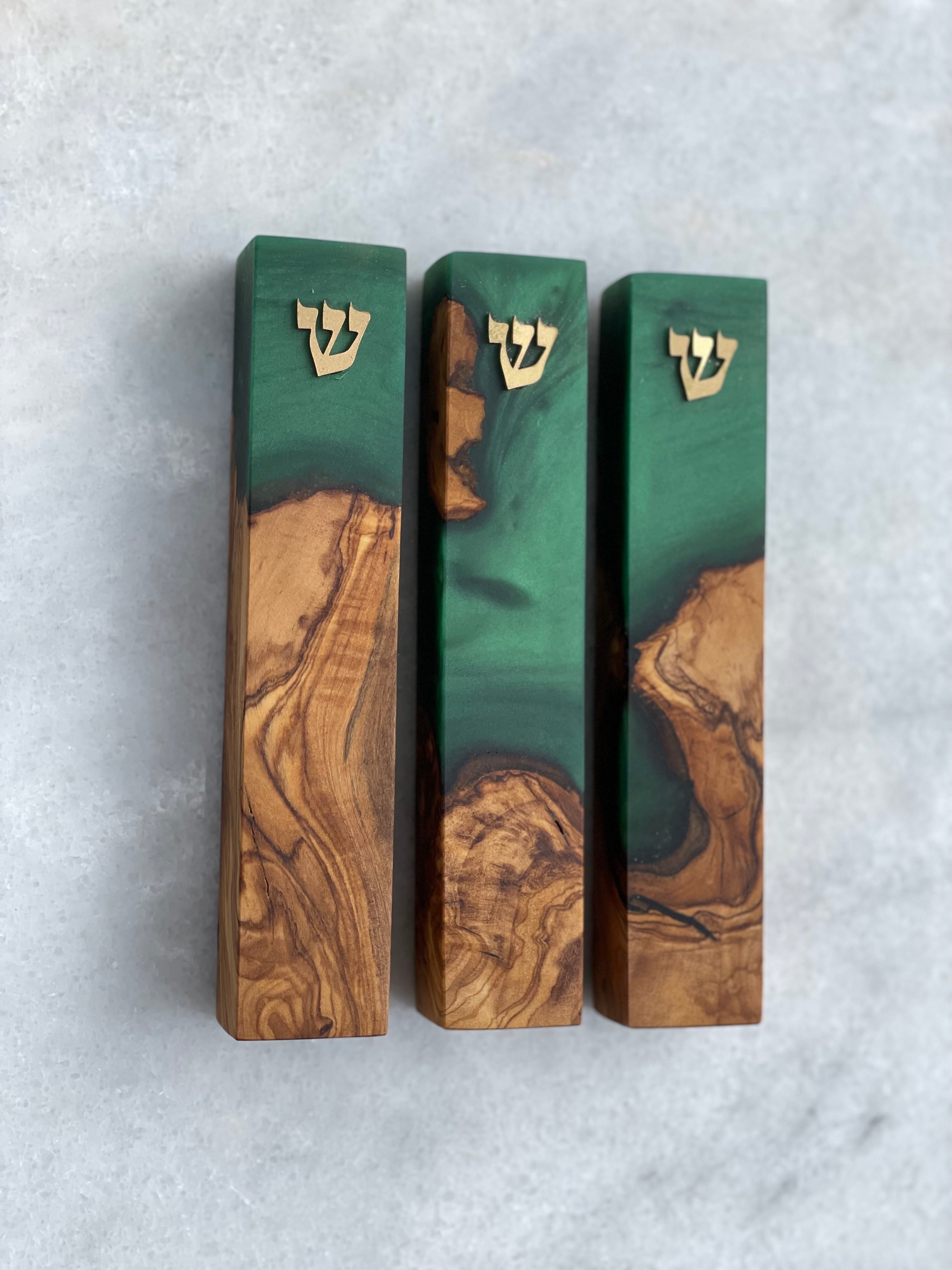 Olive Wood + Emerald Green Mezuzah | Gold Shin
